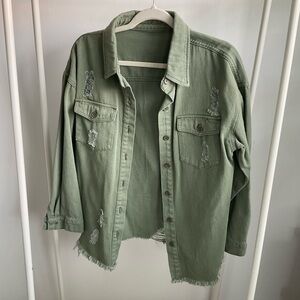 Green Distressed Button-Up Shacket